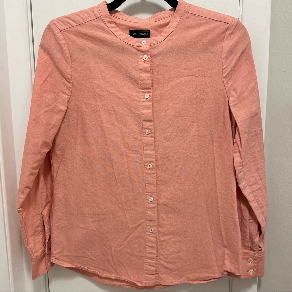 Longchamp Crew Neck Button Up Long Sleeve Peach Cotton Blouse Top Shirt Womens 4